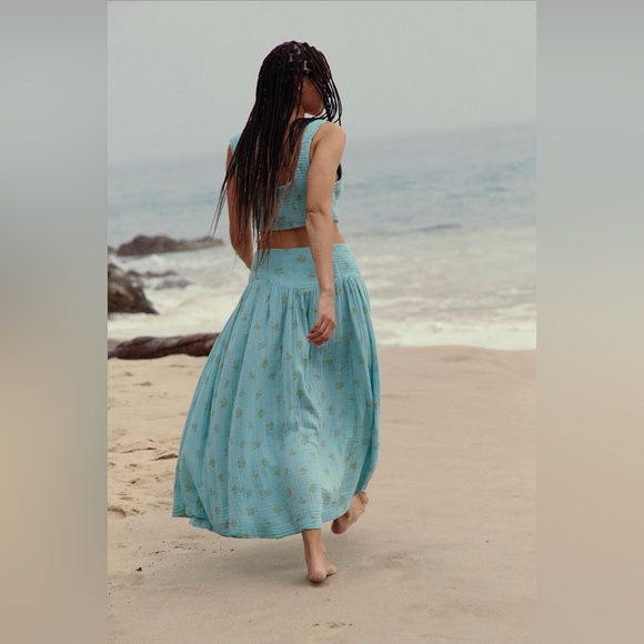 Free People Iris Corset Teal Button-Down Skirt Set Pinky Combo Nile Blue M L XL - Picture 2 of 10